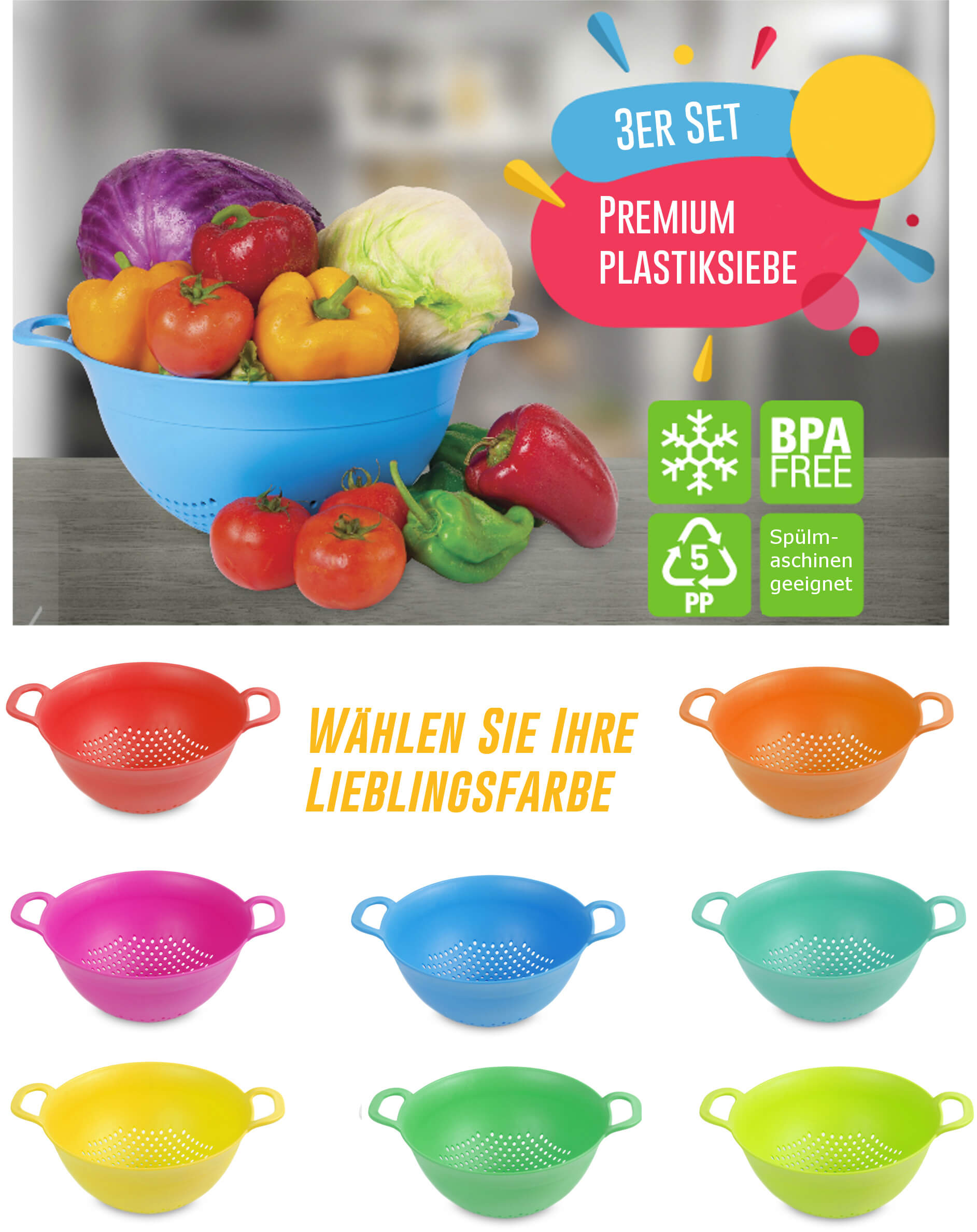 PLASTIKSIEB 3ER SET - S, M, L gelb (3 Stück)