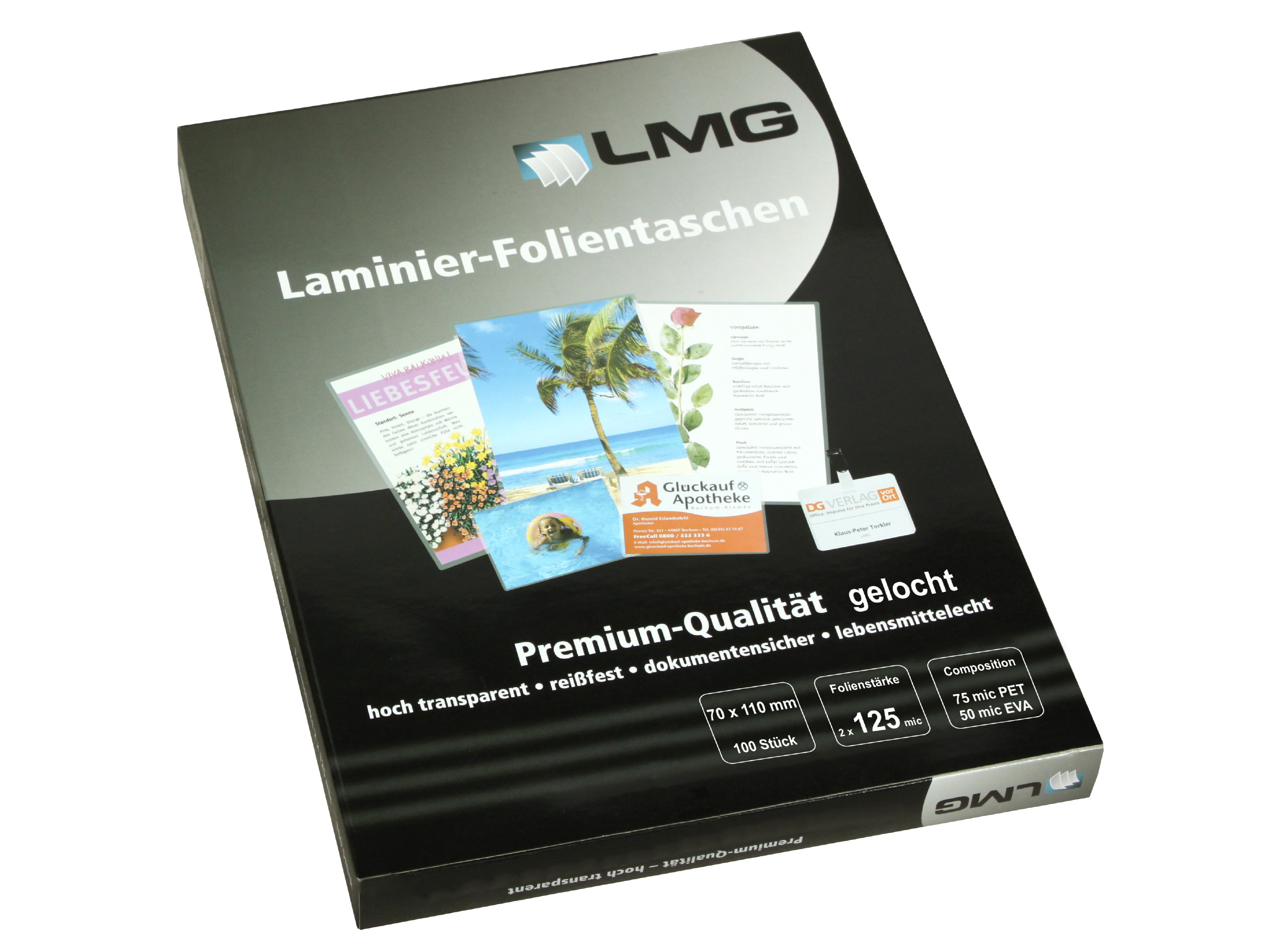 Laminierfolien 70 x 110 mm, 2 x 125 mic, glänzend, mit Langloch (100 Stück)