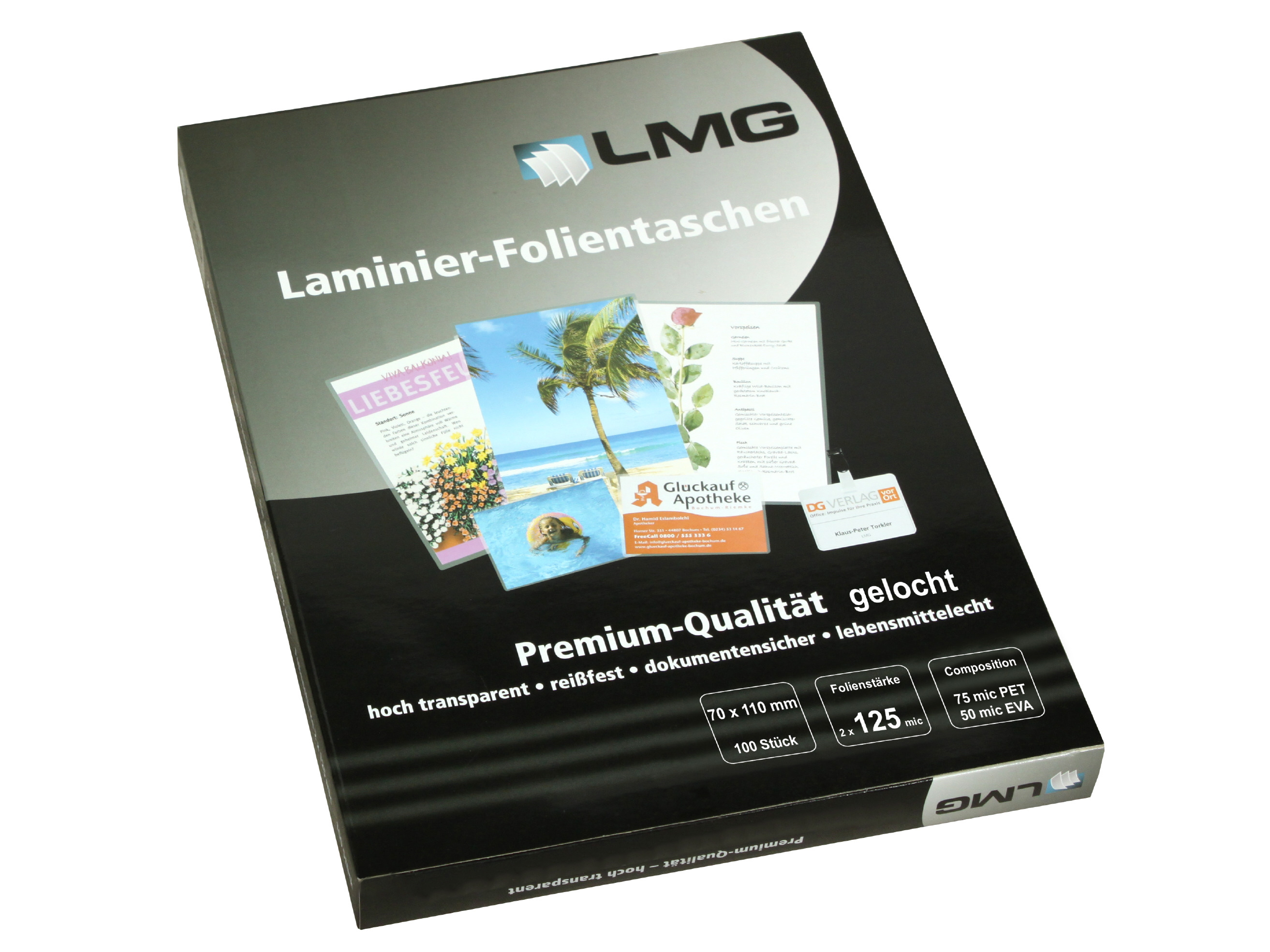 Premium Laminierfolien 70 x 110 mm, 2 x 125 mic, glänzend, mit Langloch (100 Stück)