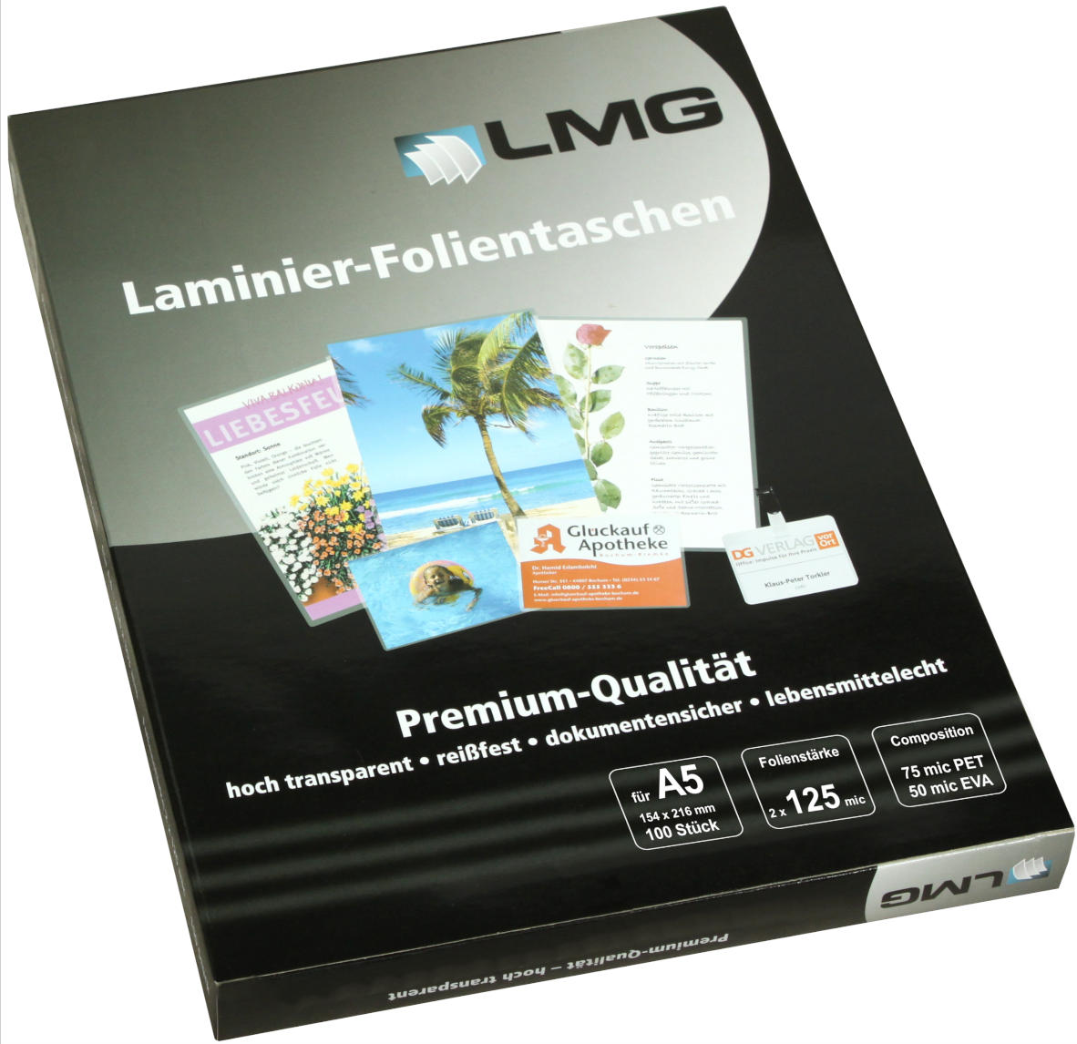 Laminierfolien A5 (154 x 216 mm), 2 x 125 mic, glänzend, von LMG (100 Stück)