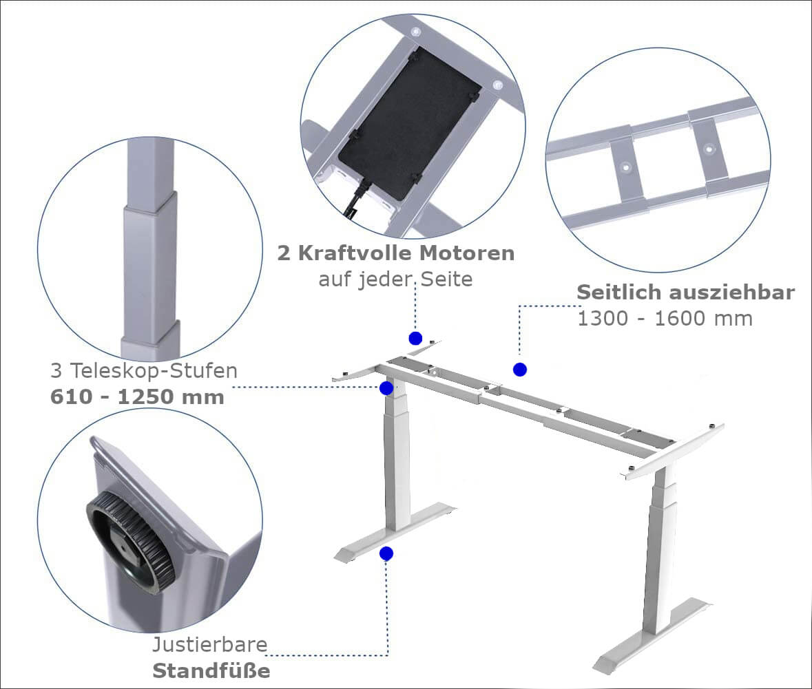 Elektrisch Höhenverstellbarer Schreibtisch Tischgestell Länge: 1300-1600mm, Höhe:610-1250mm weiß (1 Stück)