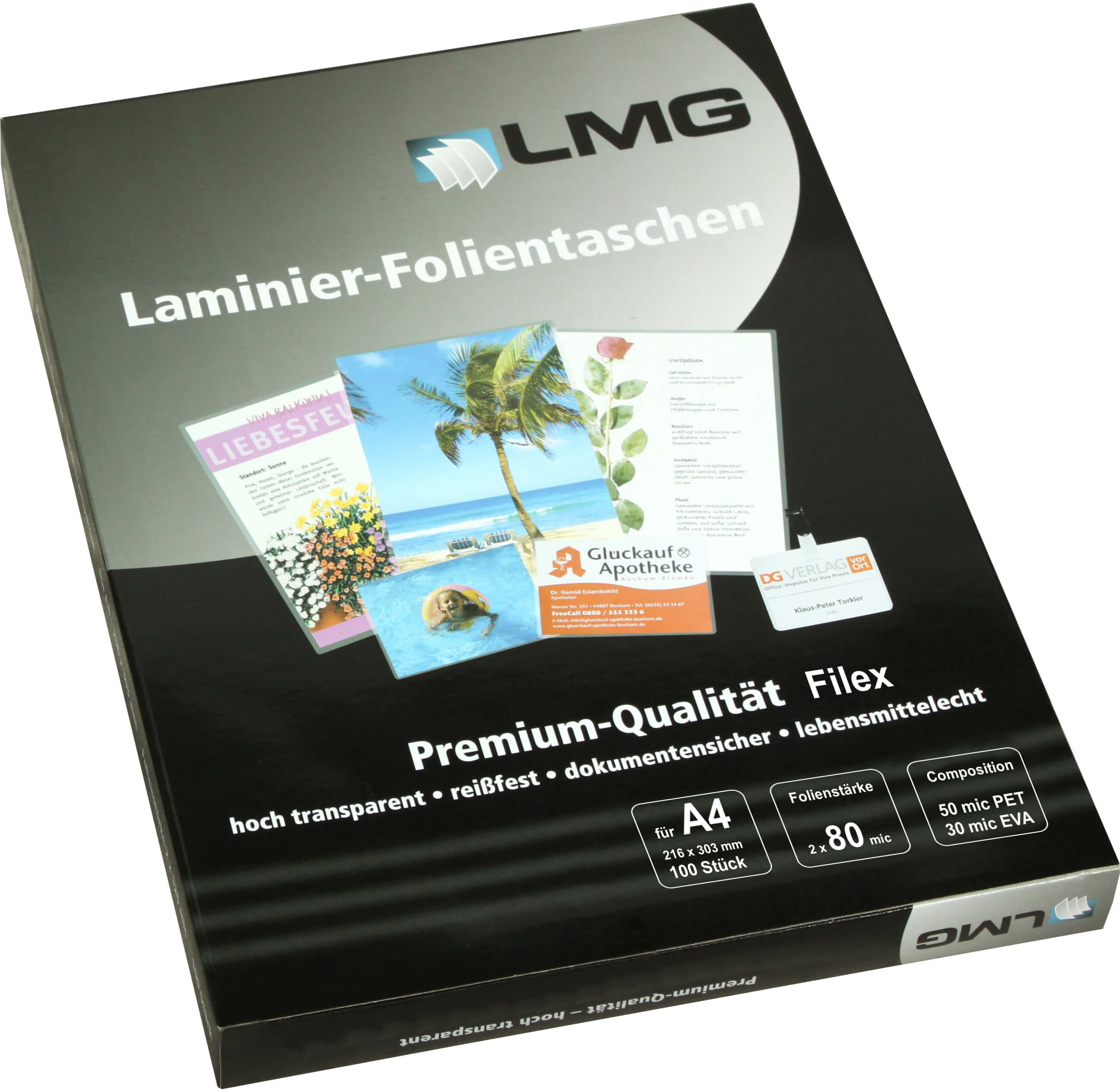 Laminierfolie A4, 228 x 303 mm, 80 mic, 4er Abheftlochung | Bestnr. LMGA4-80L