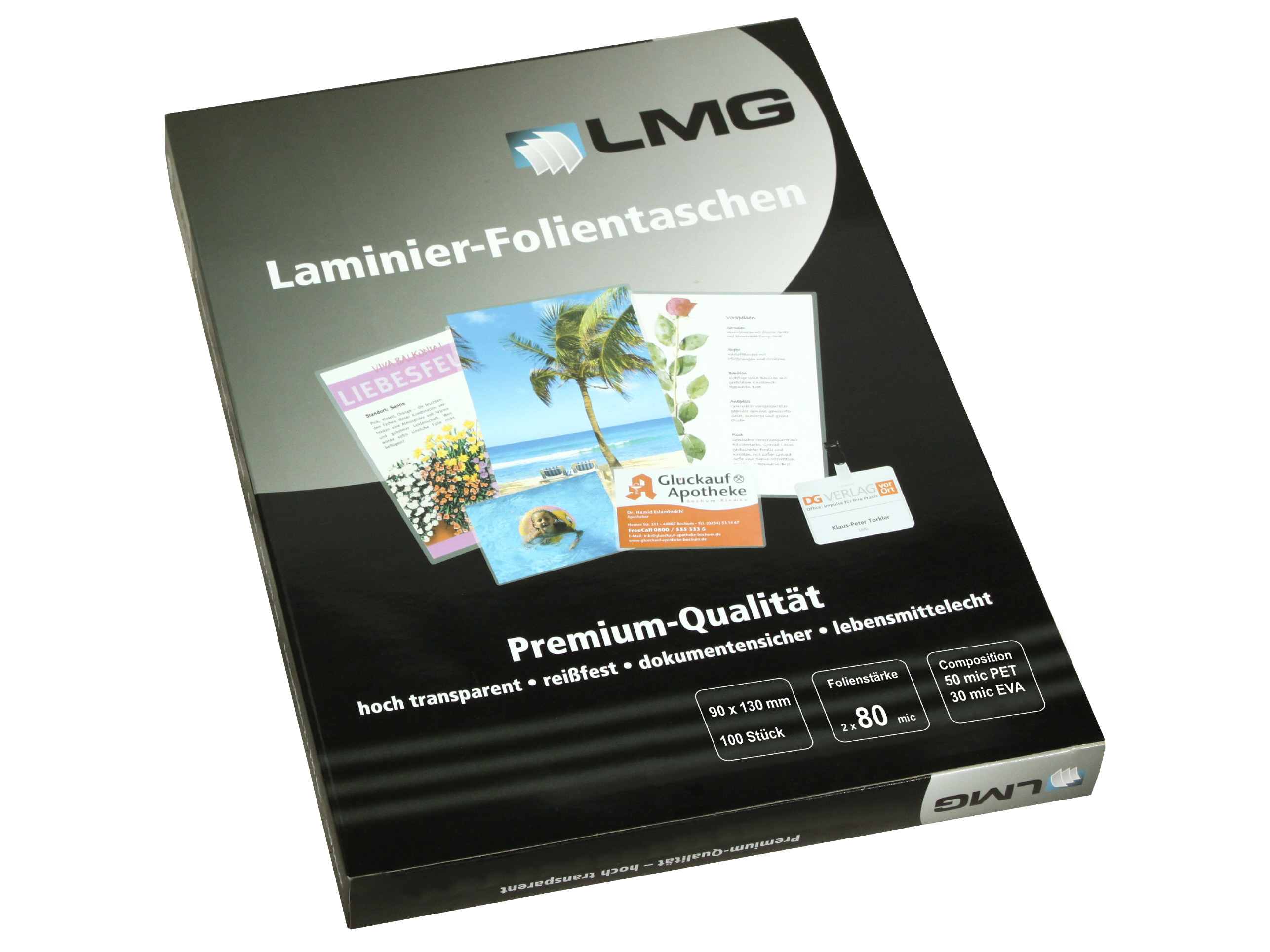 Premium Laminierfolien 90 x 130 mm, 2 x 80 mic, glänzend (100 Stück)
