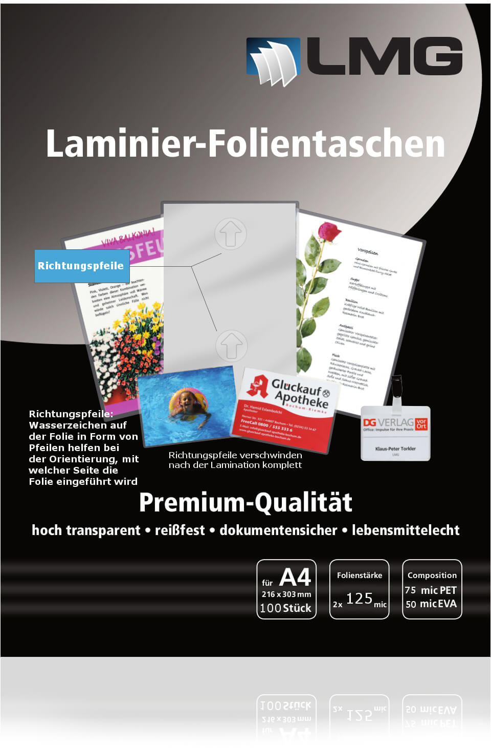 Laminierfolien A4 (216 x 303 mm), 2 x 125 mic, mit Pfeilen | Bestnr. LMGA4-125-PF