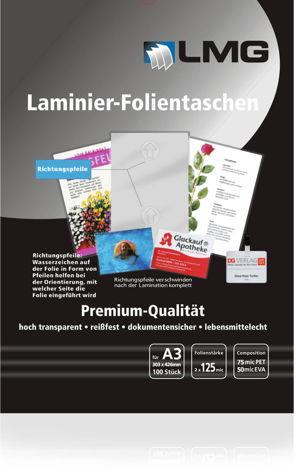 Laminierfolie A3 303 x 426mm 125mic glänzend mit Pfeilen | Bestnr. LMGA3-125-PF