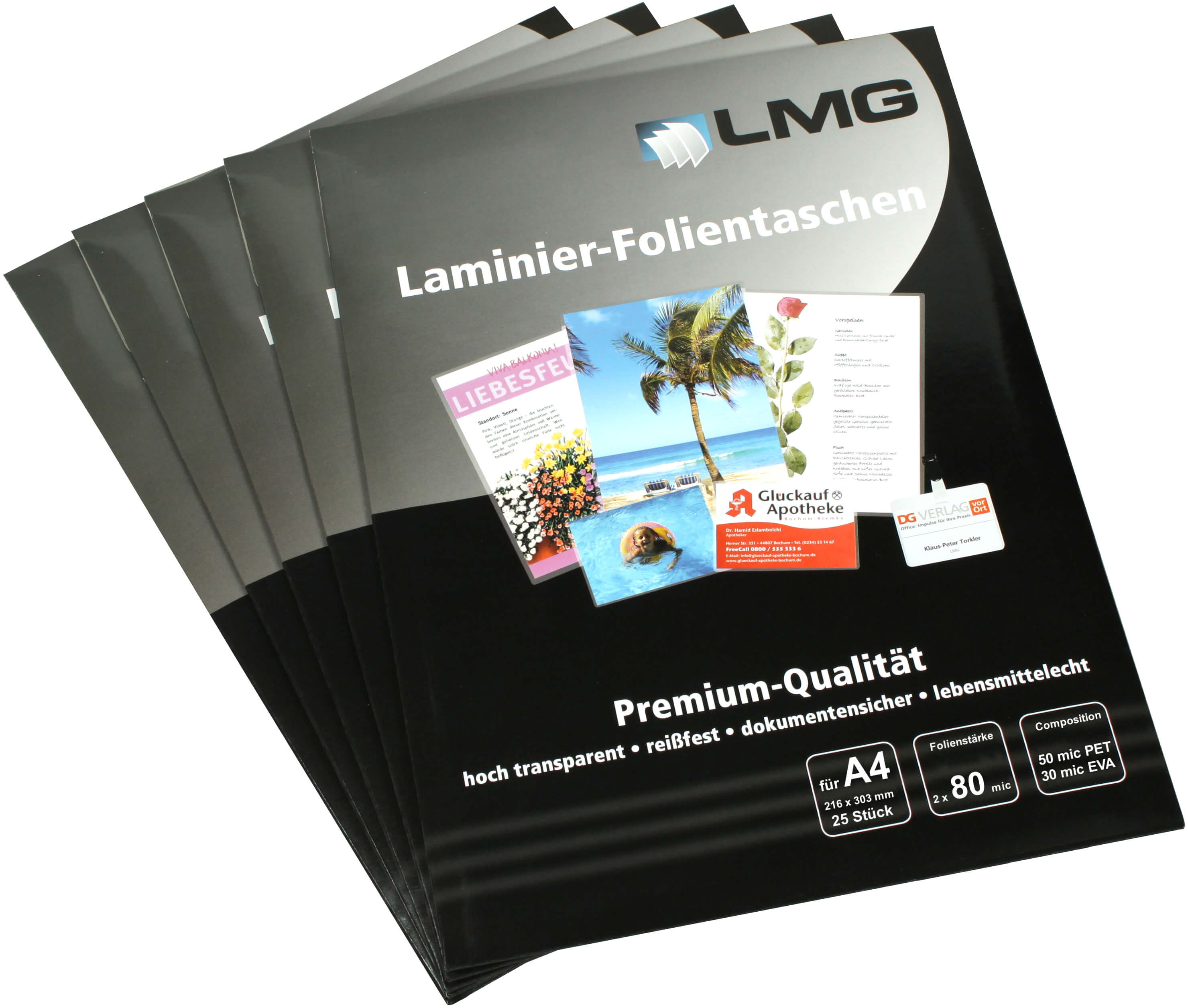 Laminierfolien A4 (216 x 303 mm), 2 x 80 mic, LMG Premium | Bestnr. LMGA4-80-25