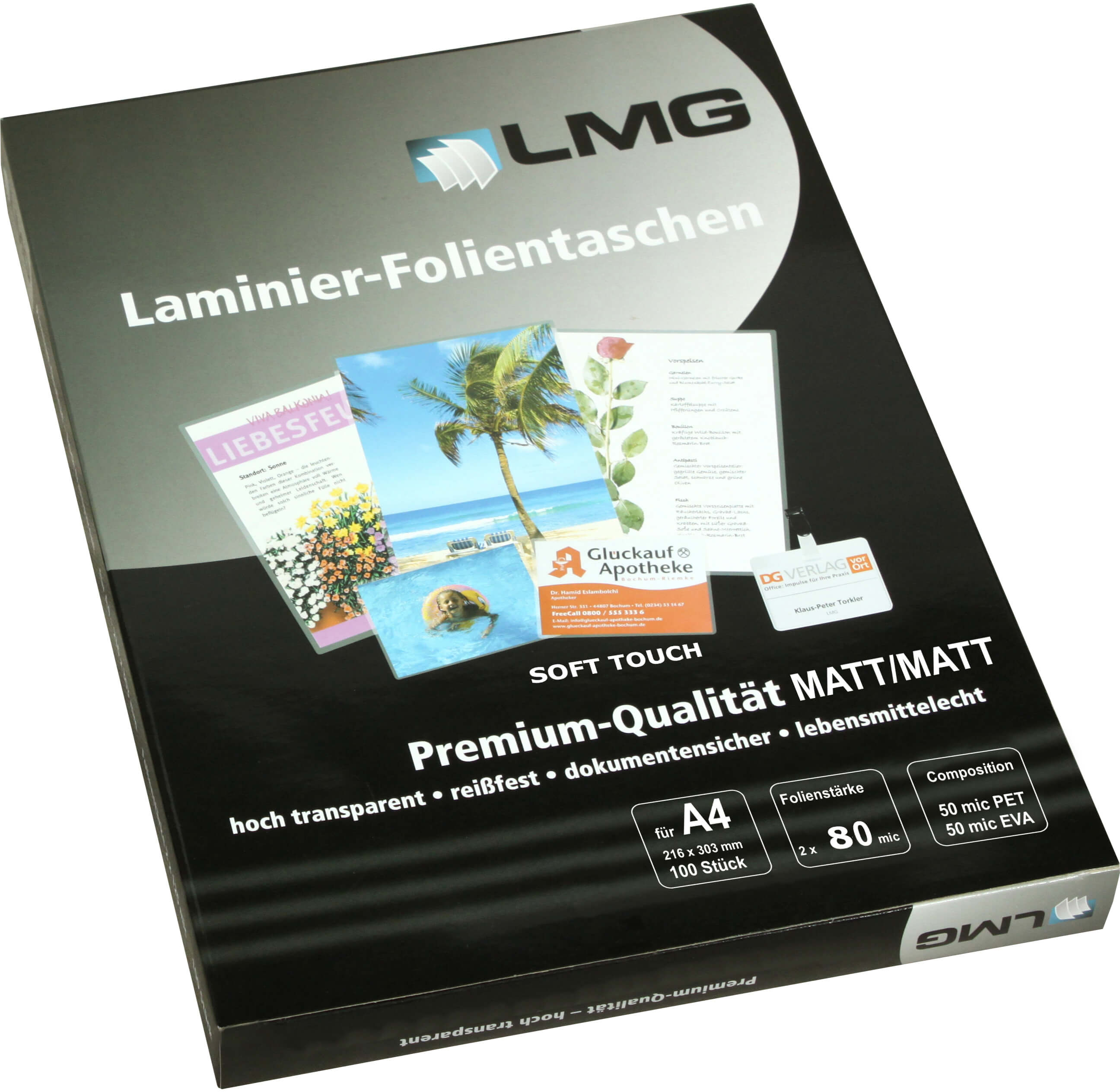 Laminierfolien A4 (216 x 303 mm), 2 x 80 mic, Soft Touch | Bestnr. LMGA4-80M-ST