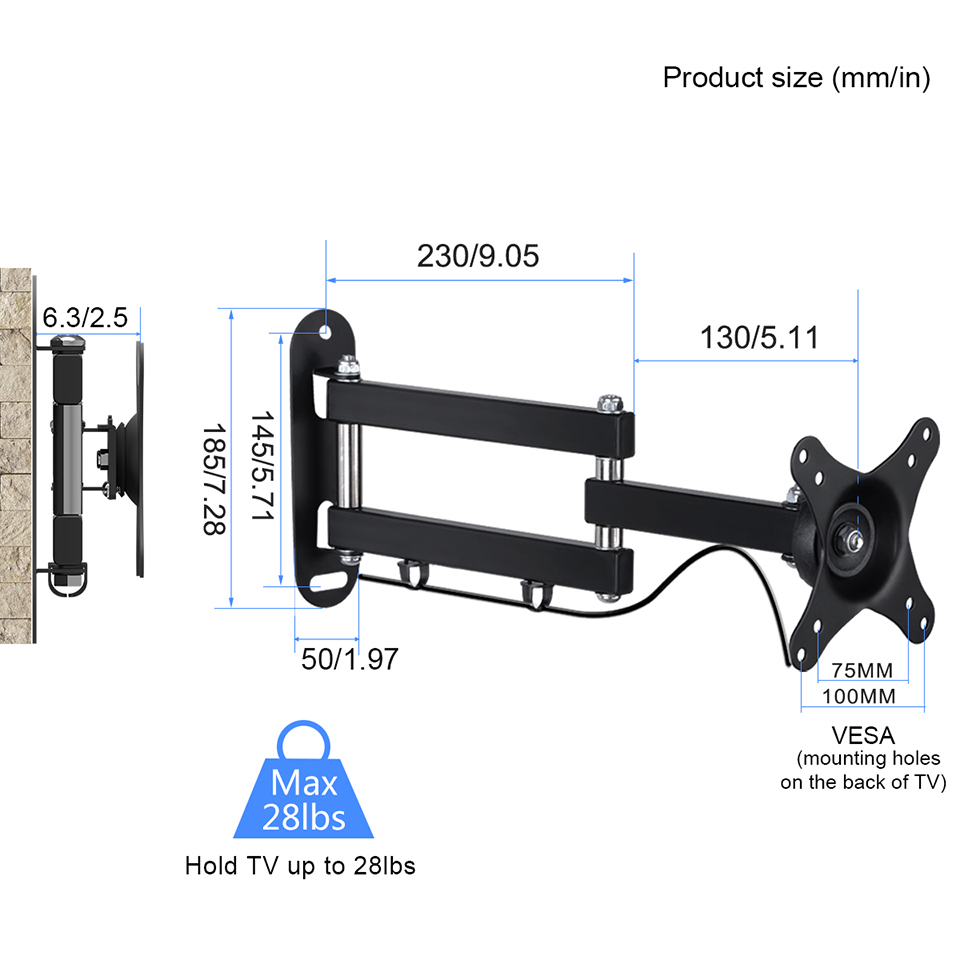 Monitorhalterung, Wandhalterung, 1 Monitor bis 32 Zoll, max. 13 kg, frei beweglich schwarz (1 Stück)