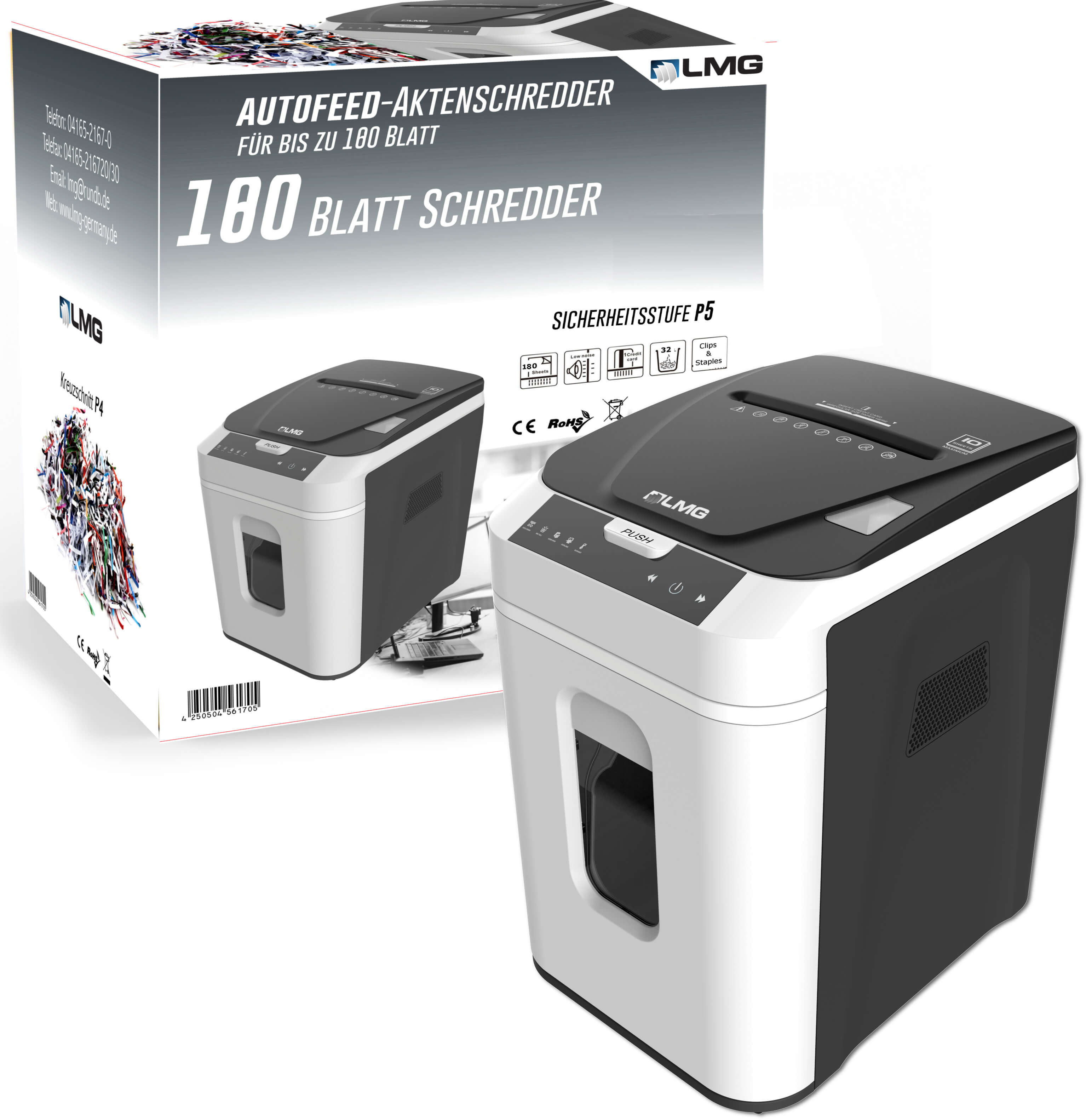 Autofeed Aktenvernichter, manuell 10 + autom 180 Blatt, P5 | Bestnr. LMG-AUTO180P5