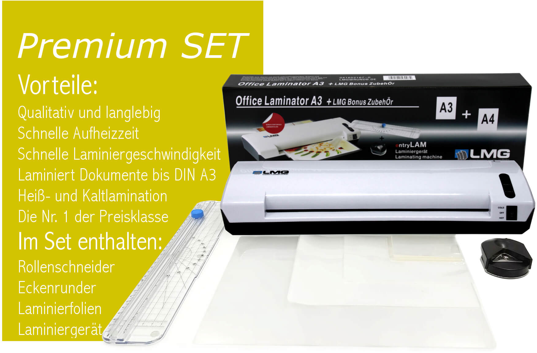 Laminiergerät bis A3-4 IN 1 SET - Kurze Aufwärmzeit, Automatischer Laminator für Heiß- und Kaltlamination, 125mic (1 Stück)