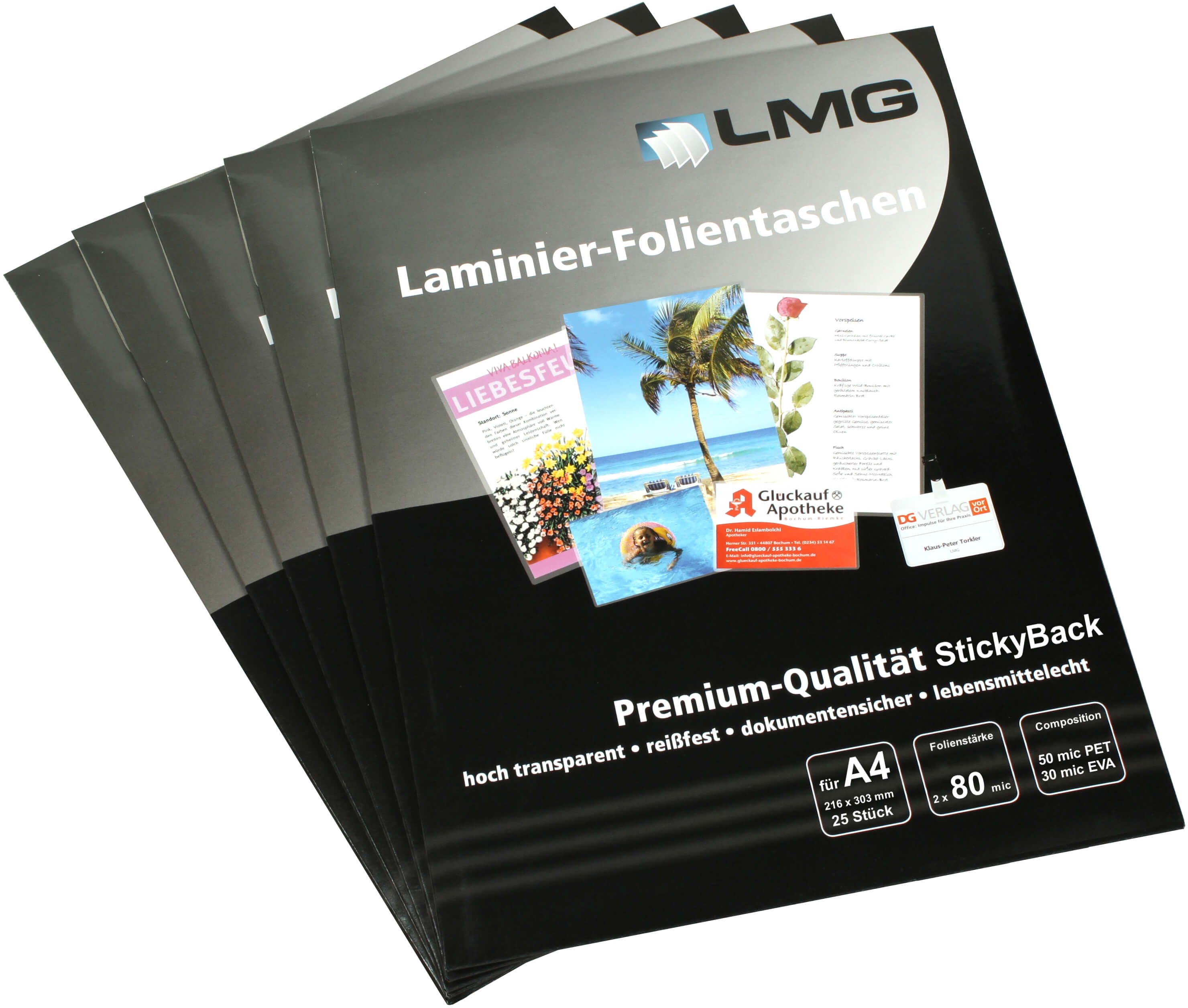 LMG Premium Laminierfolien glänzend A4, 80 mic, 25 Stück | Bestnr. LMGA4-80S-25