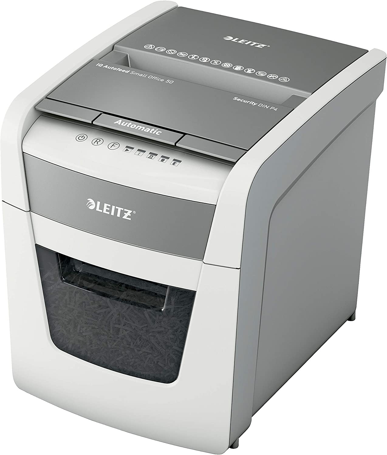Leitz IQ Autofeed P-4 Aktenvernichter, Partikelschnitt, P4, 50 Blatt, 20 Liter, weiß (1 Stück)