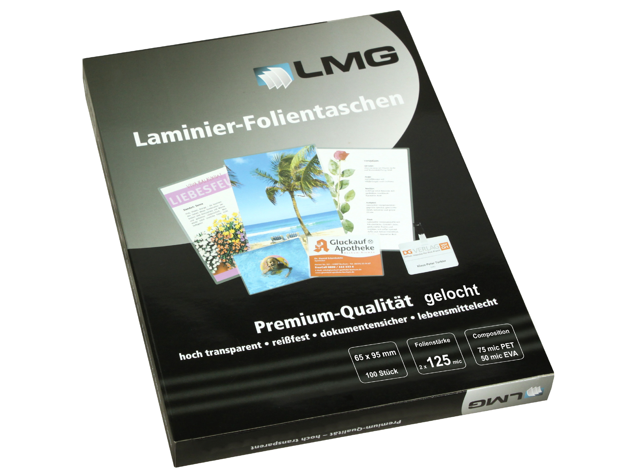 Premium Laminierfolien 65 x 95 mm, 2 x 125 mic, glänzend  Langloch lange Seite (100 Stück)