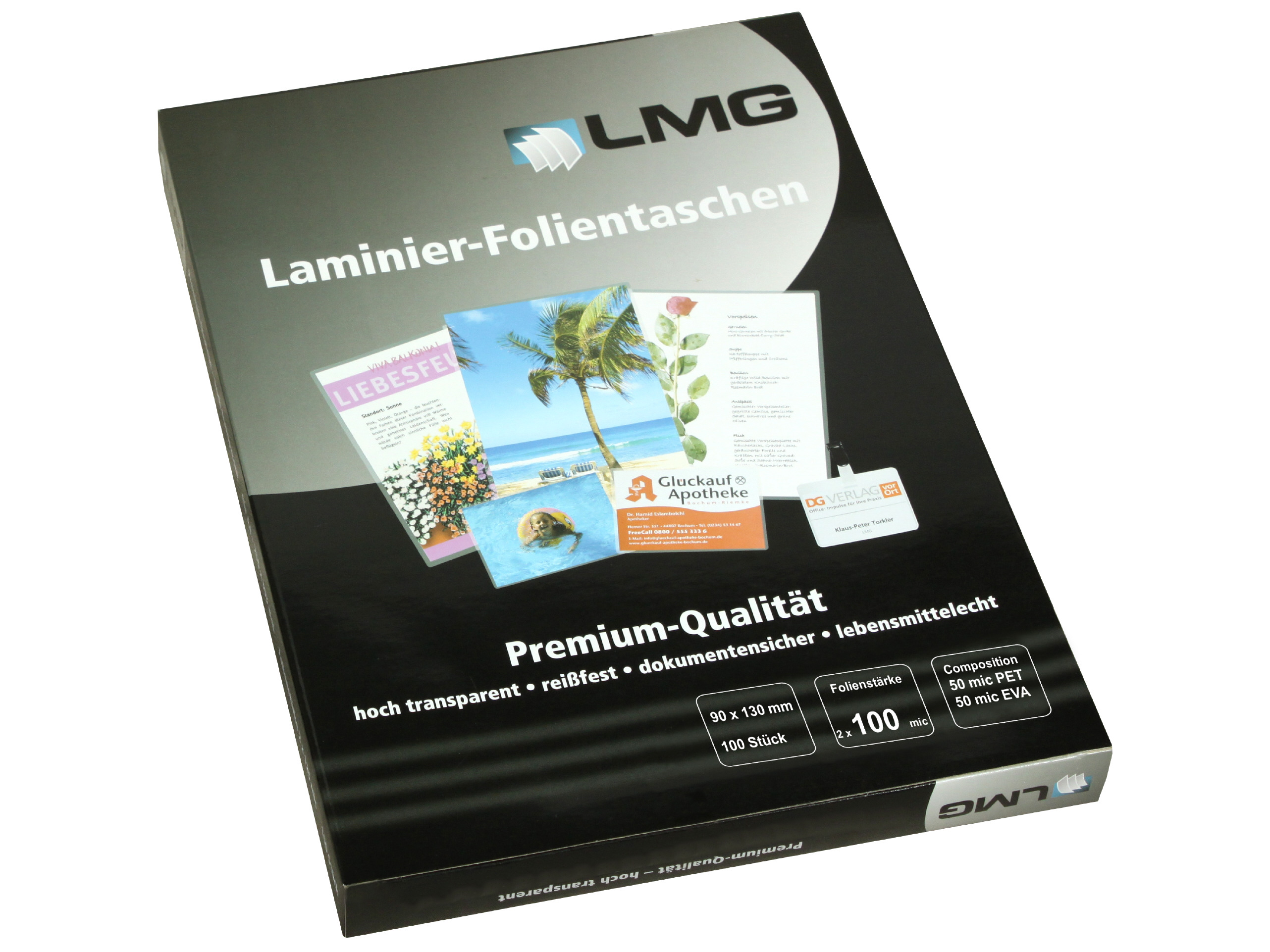 Premium Laminierfolien 90 x 130 mm, 2 x 100 mic, glänzend (100 Stück)