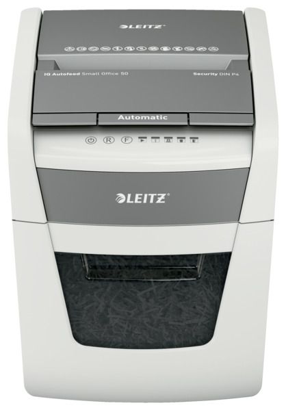 Leitz IQ Autofeed P-4 Aktenvernichter, Partikelschnitt, P4, 50 Blatt, 20 Liter, weiß (1 Stück)
