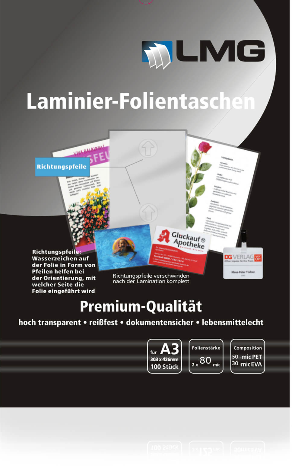 Laminierfolien A3 (303 x 426 mm), 2 x 80 mic, mit Pfeilen | Bestnr. LMGA3-80-PF