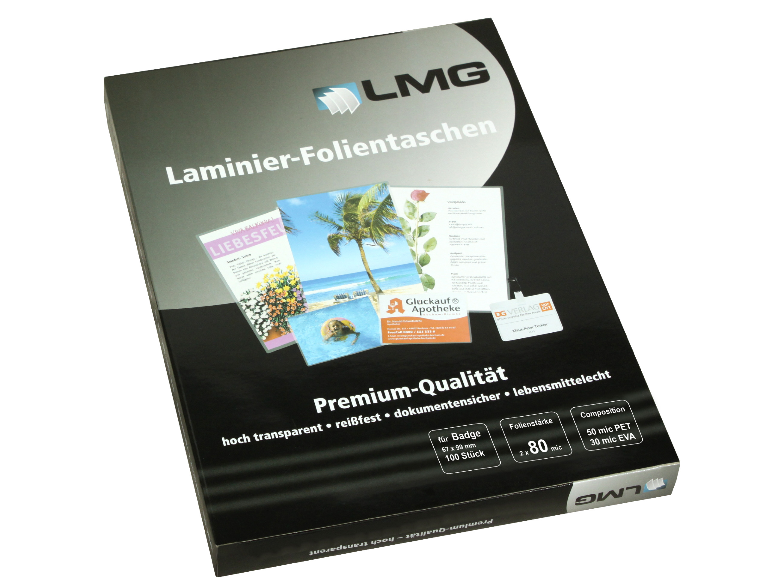 Premium Laminierfolien Badge (67 x 99 mm), 2 x 80 mic, glänzend (100 Stück)
